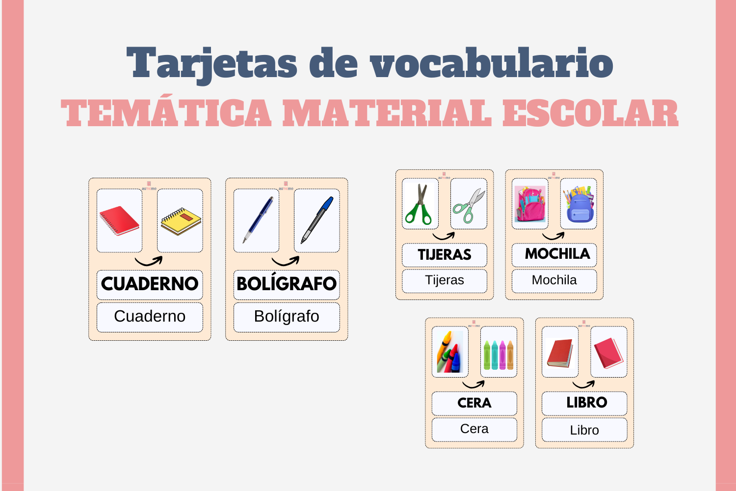 tarjetas de vocabulario material escolar, recursos tea